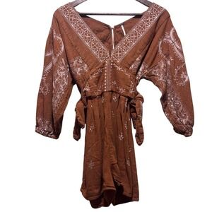 Free People Azalia Rust Brown Embroidered Long Sleeve Romper Boho Small